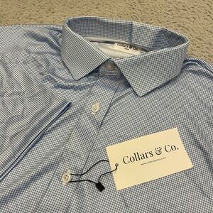 NWT Collars And Co Houndstooth Button Up Shirt Mens Large Blue Short Sleeve